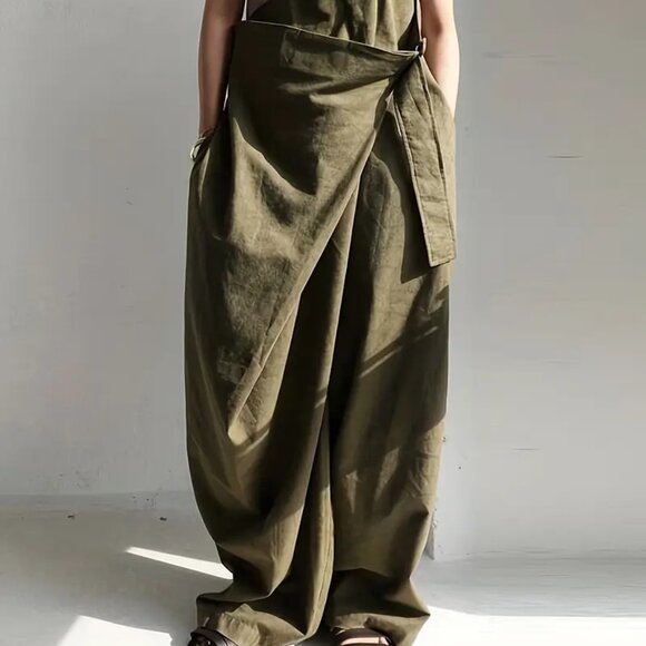 Olive Military Green One Shoulder Oversized Buckle Military Wide Leg Pants - Picture 3 of 3